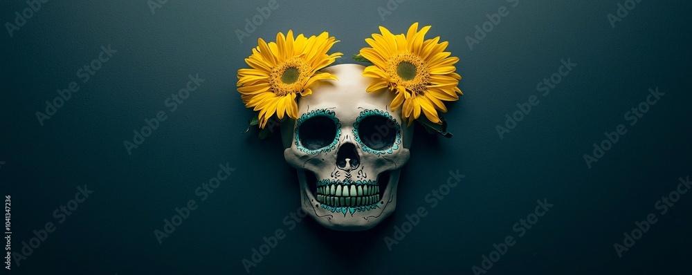 Glowing sugar skull with radiant teal and yellow flowers, vibrant dark background Glowing sugar skull with radiant teal and yellow flowers, vibrant dark background