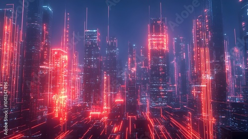 Futuristic Cityscape with Glowing Data Streams Symbolizing Smart City Technology