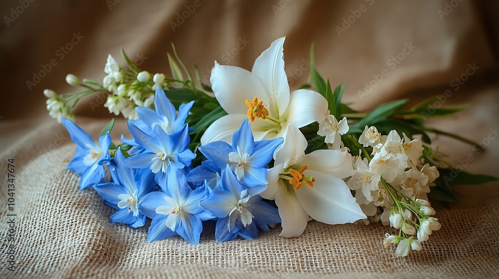 A bouquet of blue delphiniums and white lilies with delicate greenery, lying on a burlap-covered surface, sunlight casting soft reflections, hd quality, rustic and elegant style. --ar 16:9 A bouquet of blue delphiniums and white lilies with delicate greenery, lying on a burlap-covered surface, sunlight casting soft reflections, hd quality, rustic and elegant style. --ar 16:9