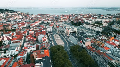 Drone flying over Monumento dos Restauradores in Lisbon, capturing the iconic monument and surrounding urban landscape in the heart of the city.