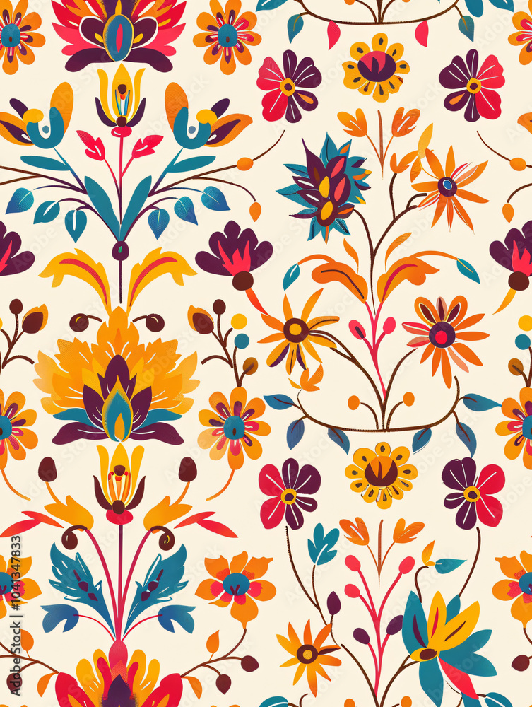 seamless pattern flower floral wallpaper fabric style decor elegant delicate petal folk art hand drawn vintage cottagecore rustic warm Symmetrical Motifs abstract Ornament retro color whimsical detail seamless pattern flower floral wallpaper fabric style decor elegant delicate petal folk art hand drawn vintage cottagecore rustic warm Symmetrical Motifs abstract Ornament retro color whimsical detail