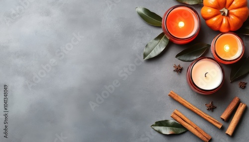 Autumn-themed candles with a pumpkin, cinnamon, and leaves on a gray background, perfect for cozy seasonal decor. photo