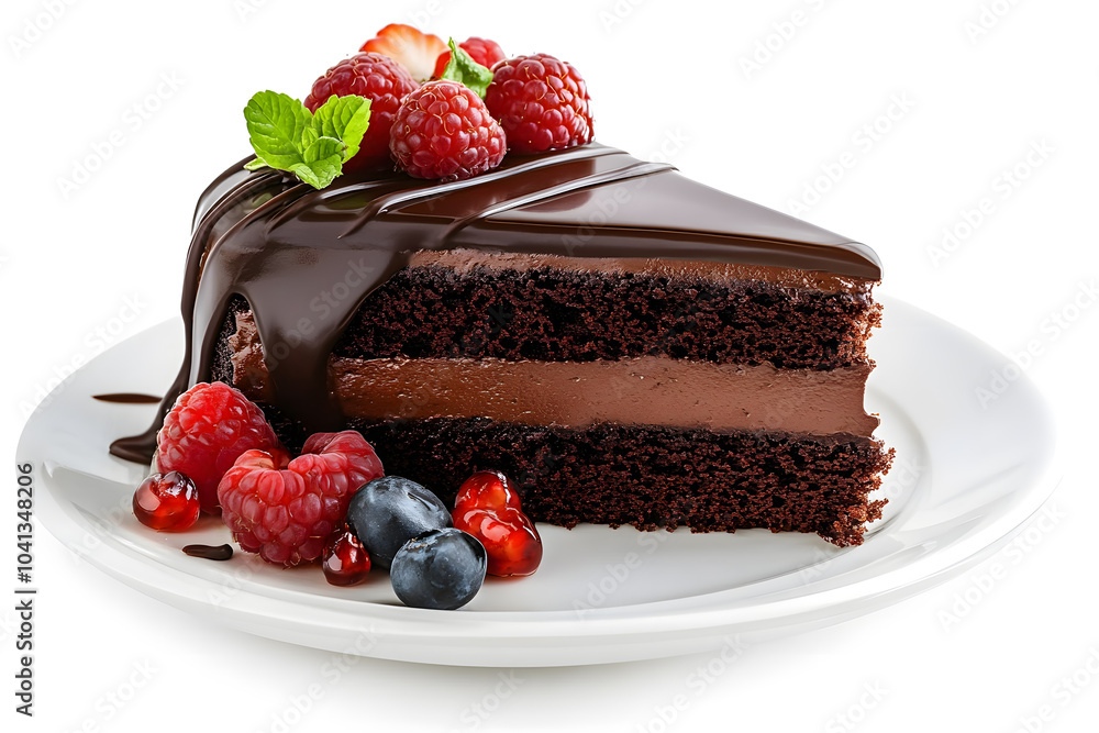 Chocolate cake slice with delicious glaze and berries on a white plate isolated on white background Chocolate cake slice with delicious glaze and berries on a white plate isolated on white background