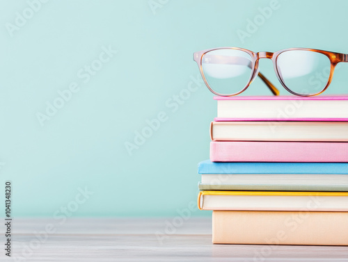 Classic eyewear resting on a stack of colorful books, soft blue background.