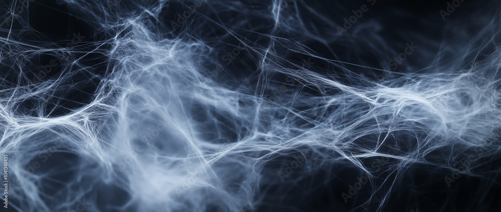 Abstract close-up view of white spider webs on a dark blue background. Macro shot highlighting the fine, tangled fibers and textures. Halloween and spooky atmosphere for banners, wallpapers Abstract close-up view of white spider webs on a dark blue background. Macro shot highlighting the fine, tangled fibers and textures. Halloween and spooky atmosphere for banners, wallpapers