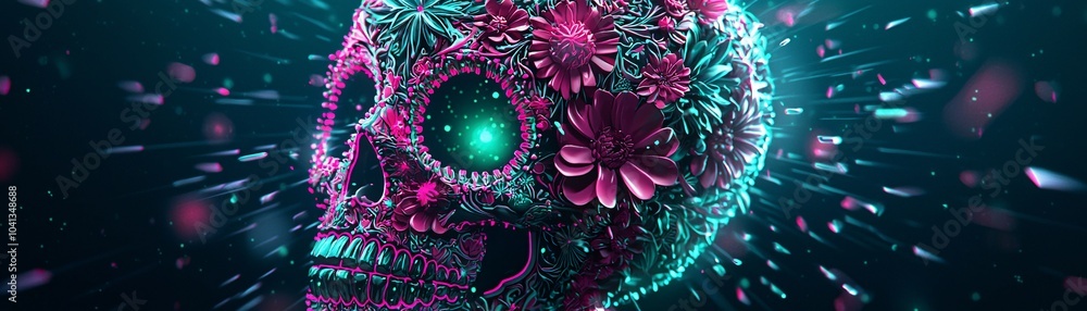 Luminous sugar skull in neon pink and green, intricate floral patterns, glowing background Luminous sugar skull in neon pink and green, intricate floral patterns, glowing background