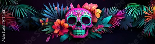 Luminous sugar skull in neon pink and green, intricate floral patterns, glowing background