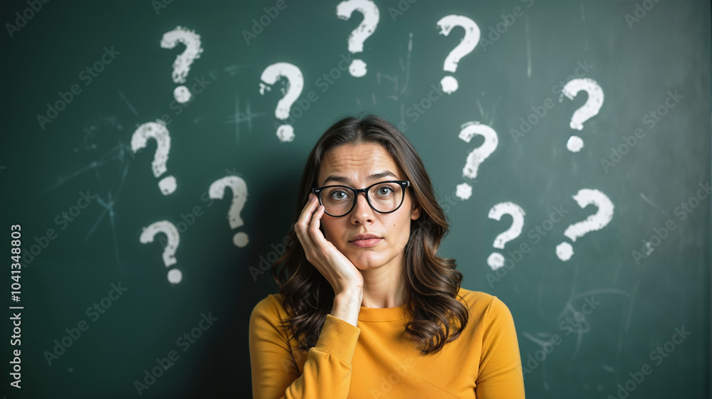 Portrait of young female teacher in front of blackboard with question marks Portrait of young female teacher in front of blackboard with question marks