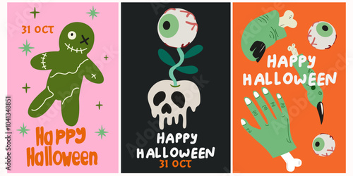 Happy Halloween. Set of cute retro halloween posters. Vintage banners. Ghost, potion cauldron, voodoo doll, magic layer, zombie hands, black crow. Scary groovy placard set