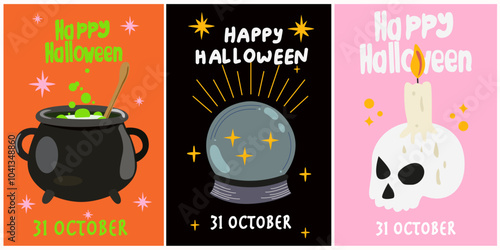 Happy Halloween. Set of cute retro halloween posters. Vintage banners. Ghost, potion cauldron, voodoo doll, magic layer, zombie hands, black crow. Scary groovy placard set