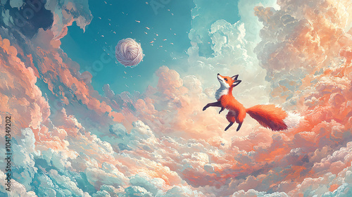 A fox chasing a floating ball of yarn through a sky filled with pastel-colored clouds  photo