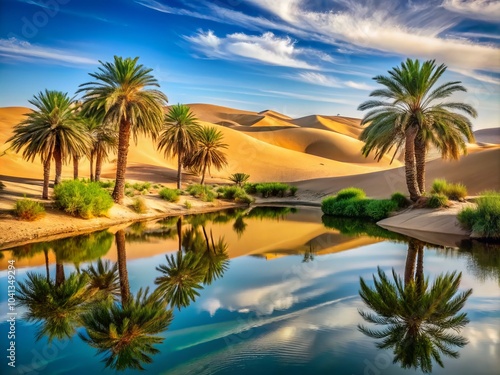 Desert Safe: Serene Oasis with Lush Palm Trees, Clear Blue Sky, and Tranquil Sand Dunes Evoking Peace and Solitude in the Arid Landscape