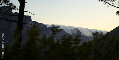 Mountains, view and travel for countryside, landscape or discovery as texture or wallpaper. Background, nature and forest in woods for tourism, outdoor adventure or holiday destination in Switzerland