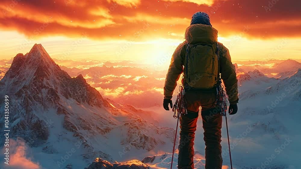 A lone climber stands on a snowy mountain peak, gazing at a breathtaking sunrise. A lone climber stands on a snowy mountain peak, gazing at a breathtaking sunrise.