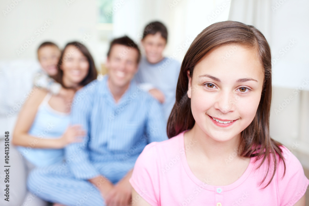 Bedroom, morning or portrait of happy girl with family blur in home for support, love or wellness. Teenager, mom or dad with toddler, children or growth for bonding together with parents or siblings Bedroom, morning or portrait of happy girl with family blur in home for support, love or wellness. Teenager, mom or dad with toddler, children or growth for bonding together with parents or siblings