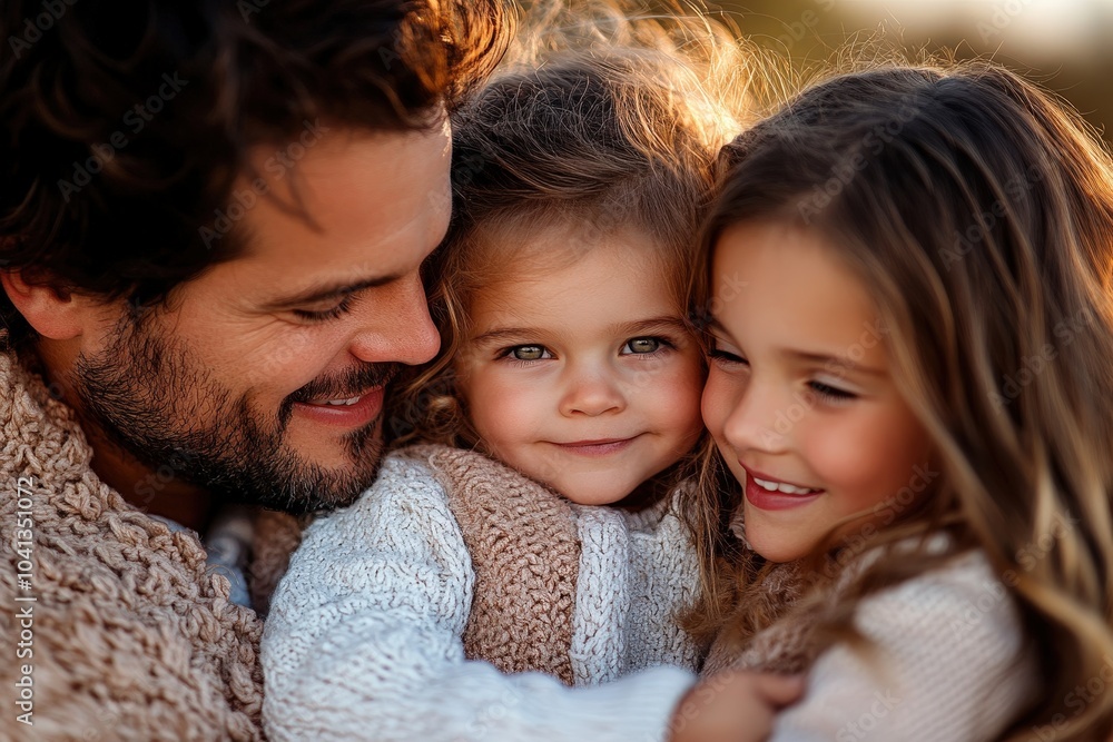 A father and his two daughters share a close, joyful moment outdoors, wrapped in cozy knit sweaters, showcasing a loving family bond and togetherness. A father and his two daughters share a close, joyful moment outdoors, wrapped in cozy knit sweaters, showcasing a loving family bond and togetherness.