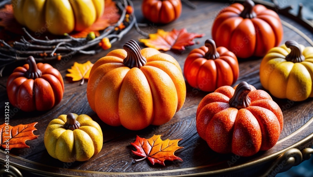 top view of pumpkins and autumn leaves, halloween and thanksgiving concept top view of pumpkins and autumn leaves, halloween and thanksgiving concept
