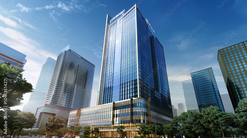 Fototapeta premium Modern Skyscraper Building with Green Landscaping and Blue Sky