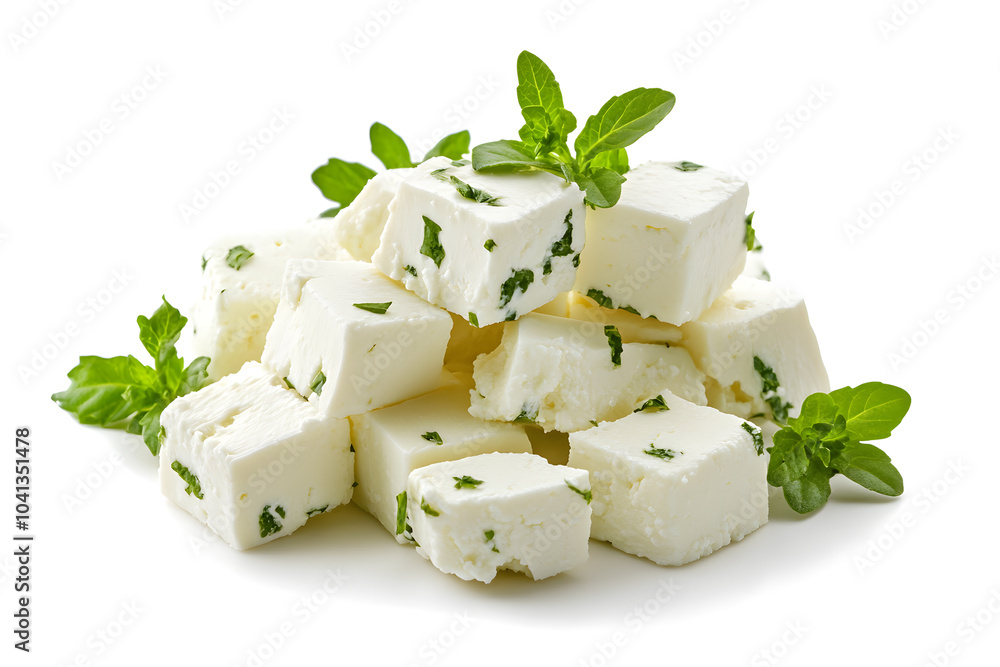 Feta cheese cut in cubes, isolated on white background Feta cheese cut in cubes, isolated on white background