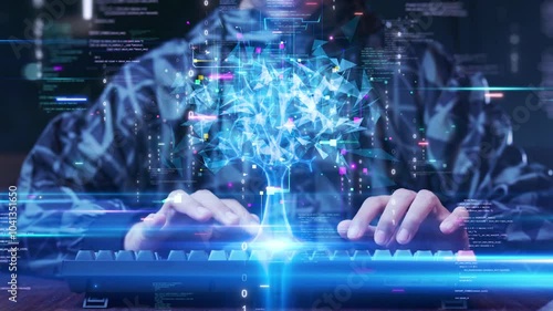 A person typing on a keyboard with a glowing digital tree emerging from the screen, symbolizing the growth of artificial intelligence and data science, surrounded by binary codes and digital elements.