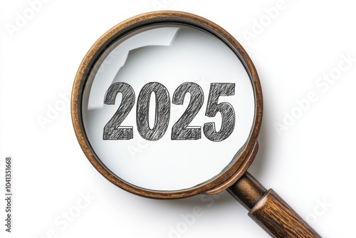 Magnifying glass is focusing on year 2025 concept on white background photo