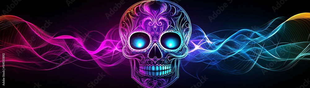 Bright glowing sugar skull with intricate swirls, neon purple and turquoise accents Bright glowing sugar skull with intricate swirls, neon purple and turquoise accents