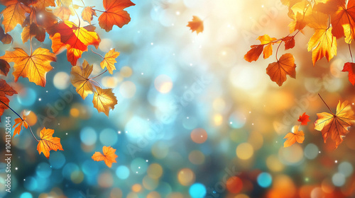 Autumn landscape with colorful leaves, sunslight and morning dew, horizontal frame,  photo