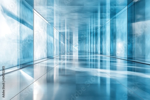 A modern corridor with reflective surfaces and cool blue lighting in an abstract architectural space