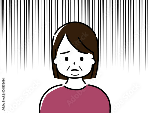 悩む中年女性の背景に上からの平行線