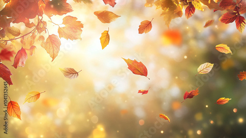 Autumn landscape with colorful leaves, sunslight and morning dew, horizontal frame,  photo