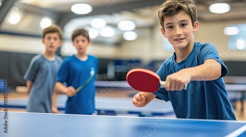 Young boy playing table tennis with a focused expression