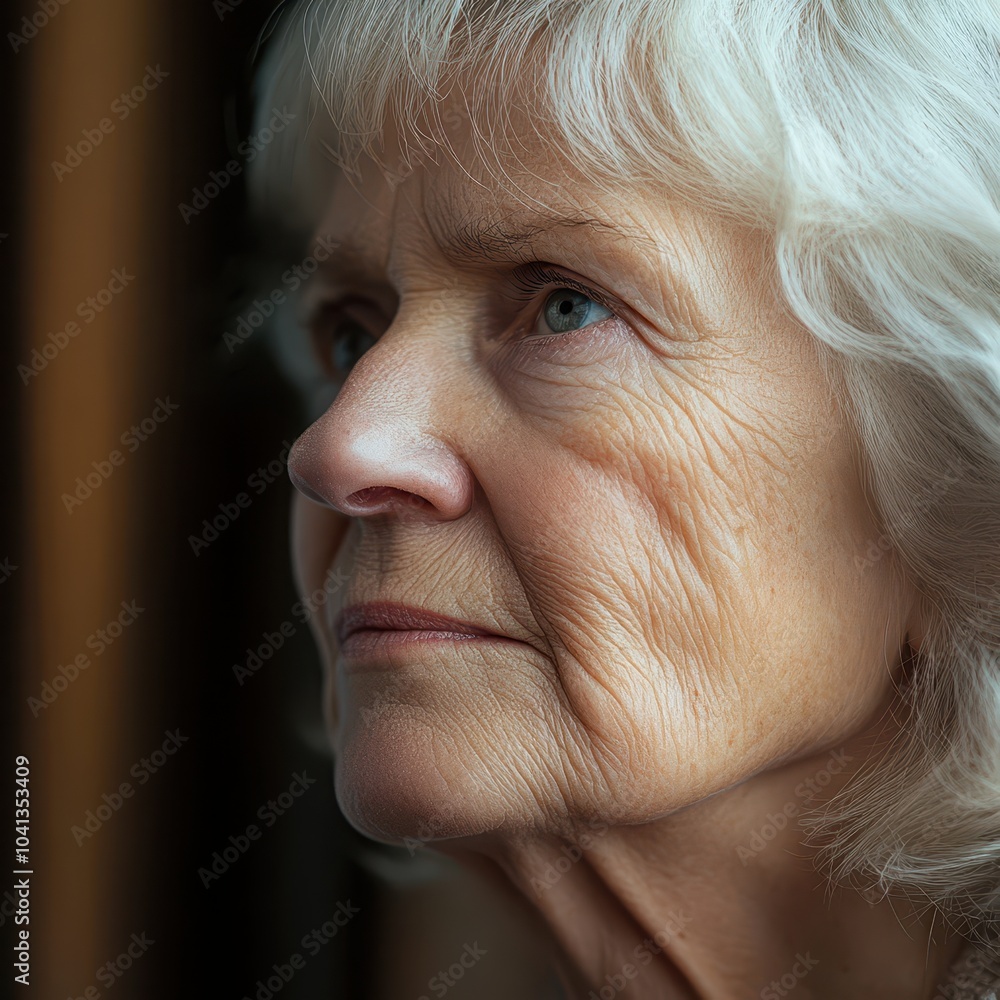 A close-up of a senior woman face as she gazes out the window, capturing her deep sense of melancholy A close-up of a senior woman face as she gazes out the window, capturing her deep sense of melancholy