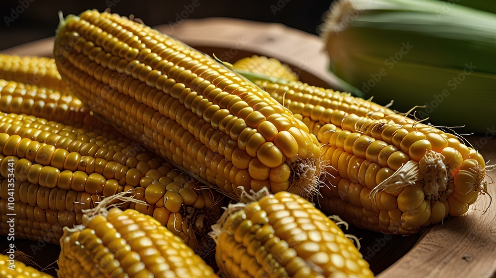 Closeup of fresh yellow corn in a wooden bowl. Closeup of fresh yellow corn in a wooden bowl.