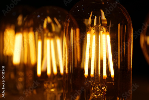 Light bulbs with big yellow filaments inside in vintage style photo