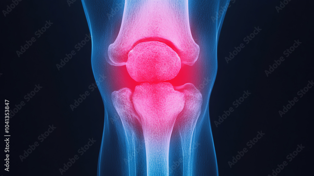 High-resolution image of a human knee joint in an X-ray style, highlighting the patella with a glowing effect against a dark background. High-resolution image of a human knee joint in an X-ray style, highlighting the patella with a glowing effect against a dark background.