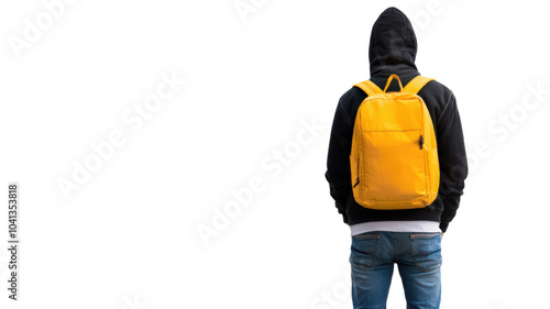 person wearing black hoodie and blue jeans stands with their back to camera, showcasing bright yellow backpack. image conveys sense of adventure and style photo