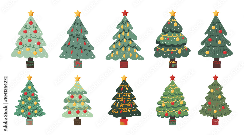 Set of Christmas trees of different shapes with garlands, balls and toys. Vector Christmas trees in flat style on white background. Set of Christmas trees of different shapes with garlands, balls and toys. Vector Christmas trees in flat style on white background.