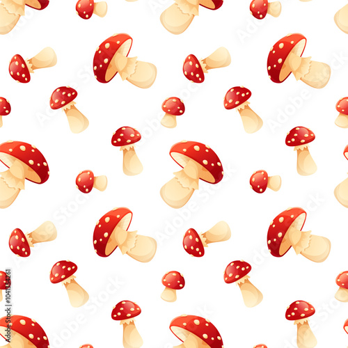 Seamless pattern red fly agarics with white specks on a white background. Forest fairytale, poisonous mushrooms. Design for forest and fairytale packaging, textiles, wallpapers and backgrounds.