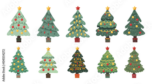 Set of Christmas trees of different shapes with garlands, balls and toys. Vector Christmas trees in flat style on white background.