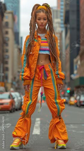 Dancing in the streets of New York. Cheerful woman dancing modern dance with group of colleagues - vertical banner for instagram story, reel or tiktok
