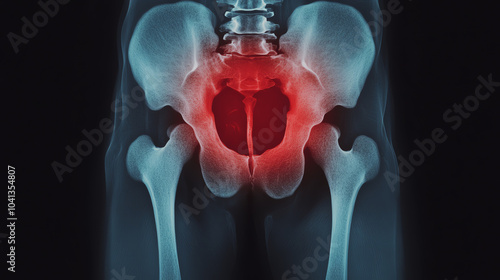 Medical illustration of a human pelvic skeleton showing anatomy and organs, highlighting the pelvic area with a red emphasis against an X-ray view. photo