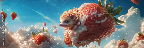 A hedgehog rolling through the sky on a giant floating strawberry, with whipped cream clouds above  photo