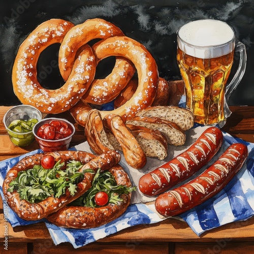 Vegan Bavarian food Oktoberfest, delicious vegan pretzels and plant-based sausages on rustic wooden tables, festive ambiance, watercolor style, square ratio photo