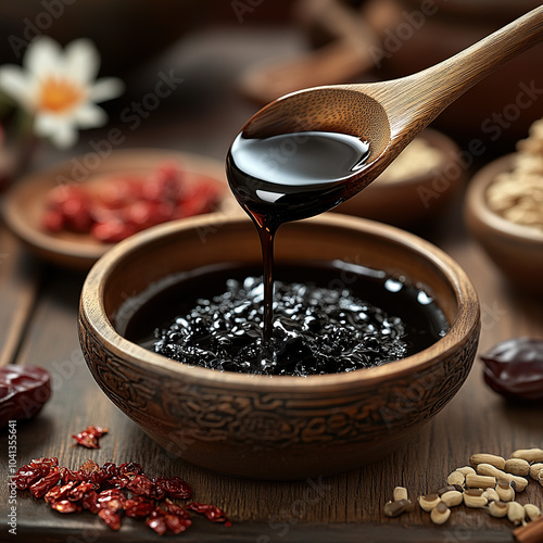 A wooden spoon is pouring black plaster into a bowl surrounded by various traditional herbs