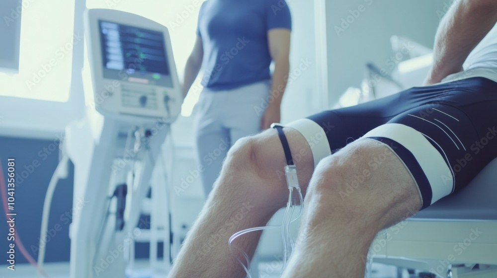 A physical therapist using electrotherapy on a patient’s leg in a rehabilitation room, with therapy machines in the background, High-tech style A physical therapist using electrotherapy on a patient’s leg in a rehabilitation room, with therapy machines in the background, High-tech style