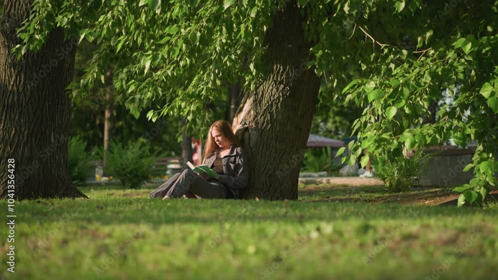 Woman sitting outdoors, leaning against tree on grassy field, reading book under warm sunlight, tree leaves sway gently in breeze, background shows building and a walking woman, slightly blurred Woman sitting outdoors, leaning against tree on grassy field, reading book under warm sunlight, tree leaves sway gently in breeze, background shows building and a walking woman, slightly blurred