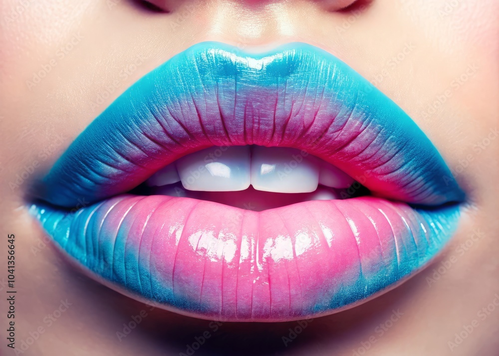 Fototapeta premium Glossy Lips Close-Up with Pink and Blue Pastel Colors for Stunning Food Photography, Vibrant Aesthetic, Beauty, Makeup, Gloss, Fashion, Art, Colorful, and Trendy Visuals