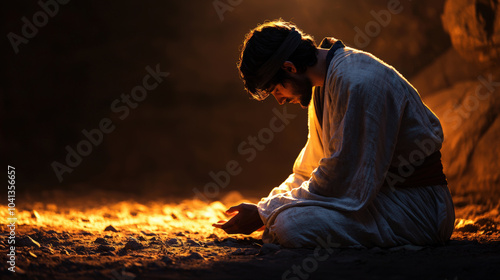 young man kneeling and praying in dimly lit environment, surrounded by shadows and soft light, evokes sense of peace and reflection
