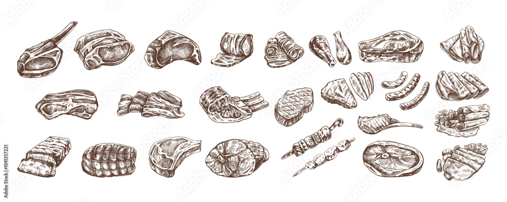 Set of hand-drawn monochrome sketches of different types of meat, steaks, chicken, kebabs, bacon, tenderloin, pork, beef, ham, barbecue. Vintage illustration. Set of hand-drawn monochrome sketches of different types of meat, steaks, chicken, kebabs, bacon, tenderloin, pork, beef, ham, barbecue. Vintage illustration.