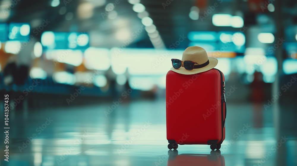 A red suitcase standing on the airport floor, with a hat, sunglasses resting on top, the blurred terminal scene in the background evoking travel and adventure, a lot of empty space A red suitcase standing on the airport floor, with a hat, sunglasses resting on top, the blurred terminal scene in the background evoking travel and adventure, a lot of empty space